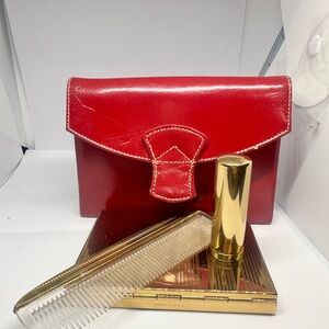 Vintage Saks Fifth Avenue Vanity Grooming Set – Red Leather Case, Gold Tone Comp